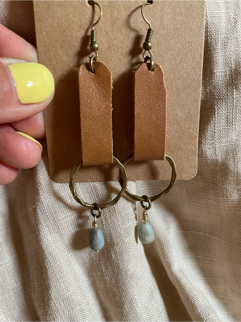 Leather Loop Drop Earrings with Stone Accent - Tan